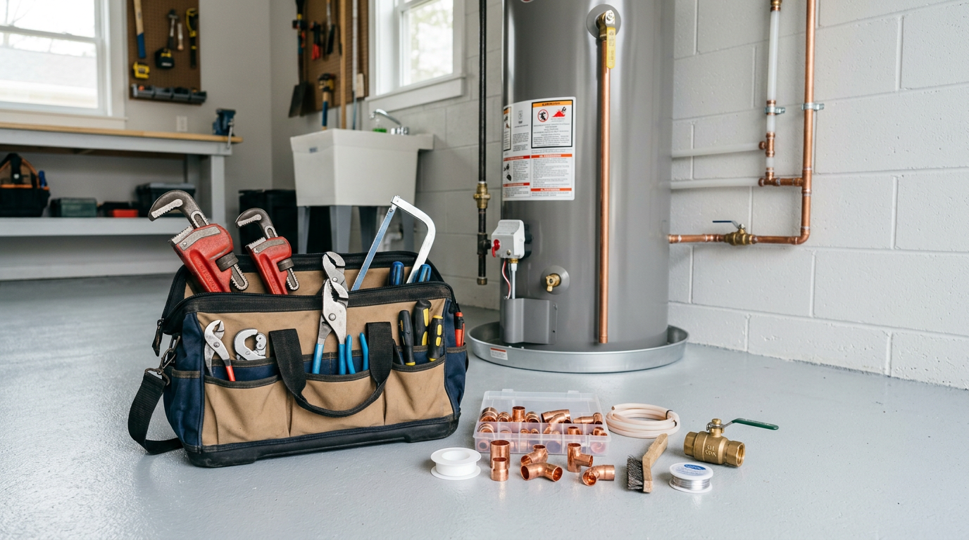 A plumber’s open tool bag beside a water heater (generated image)